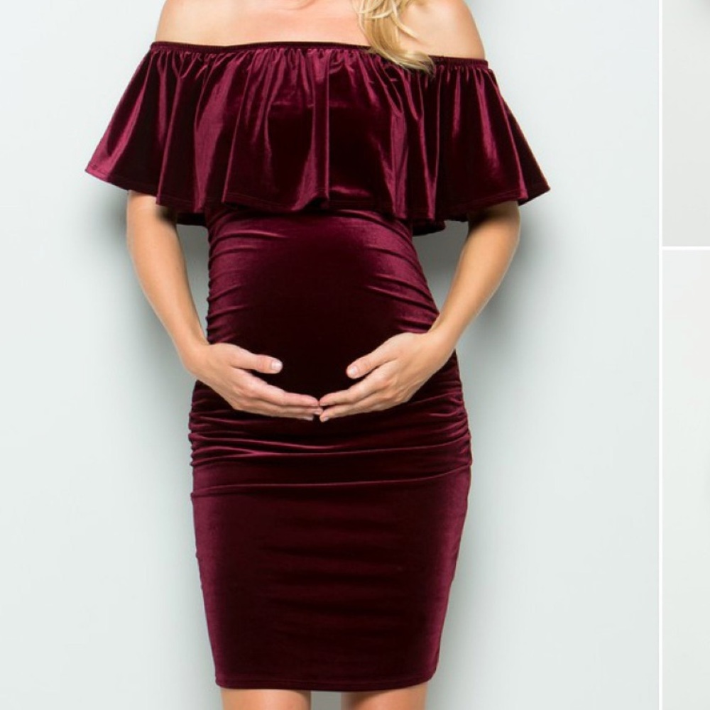 Off the shoulder velvet burgundy maternity dress